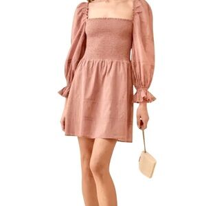 Reformation Dunes Western Baby Doll Pink Dress Smocked Puff Sleeves Boho Dresses